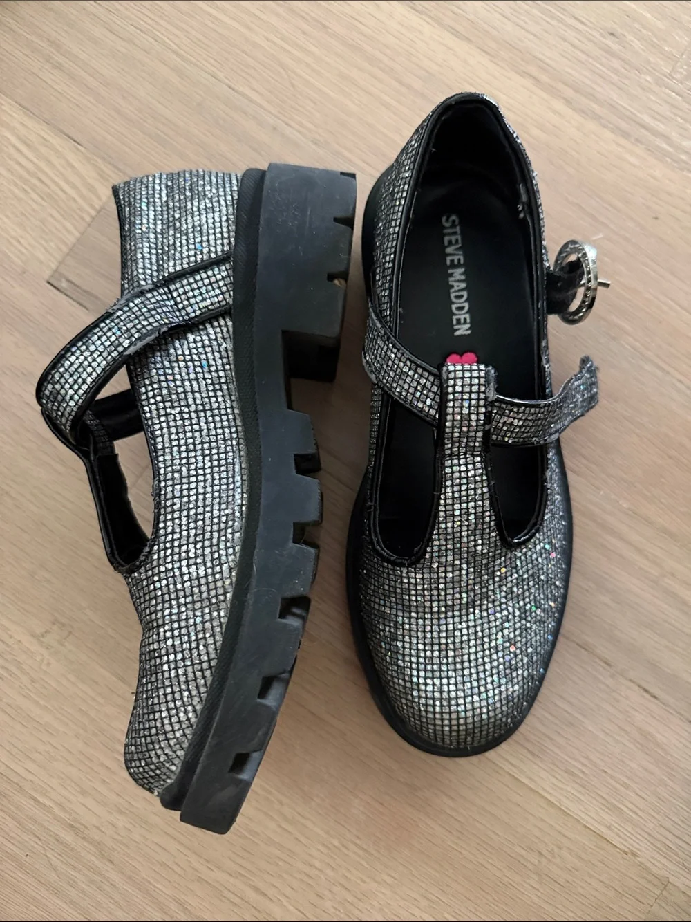 Steve Madden Kids Metallic Silver T-Strap Mary Jane Shoes